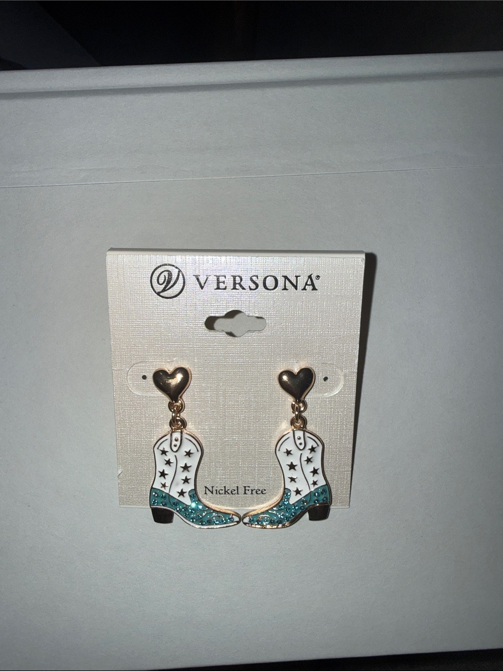 Versona Teal, White and Gold Cowboy Boot Dangle Earrings with Heart Studs